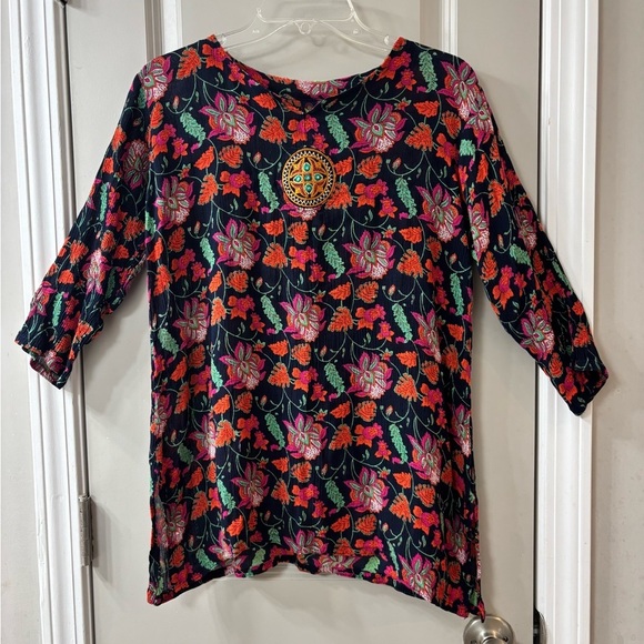 unknown Tops - Bohemian Floral Print Tunic | 3/4 Sleeve | Relaxed Fit